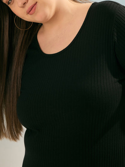 Black Rib Round Neck Long Line Top