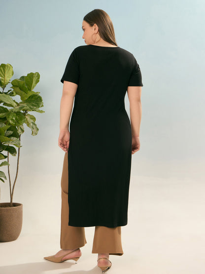 Black Rib Round Neck Long Line Top