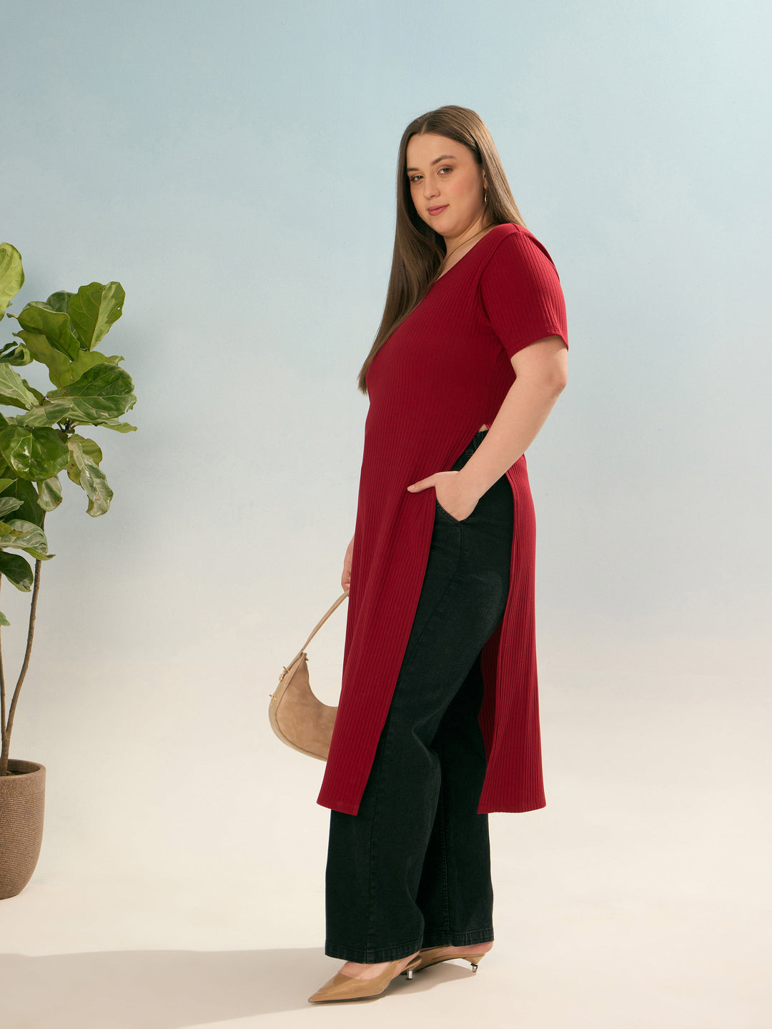 Maroon Rib Round Neck Long Line Top -SASSAFRAS Curve