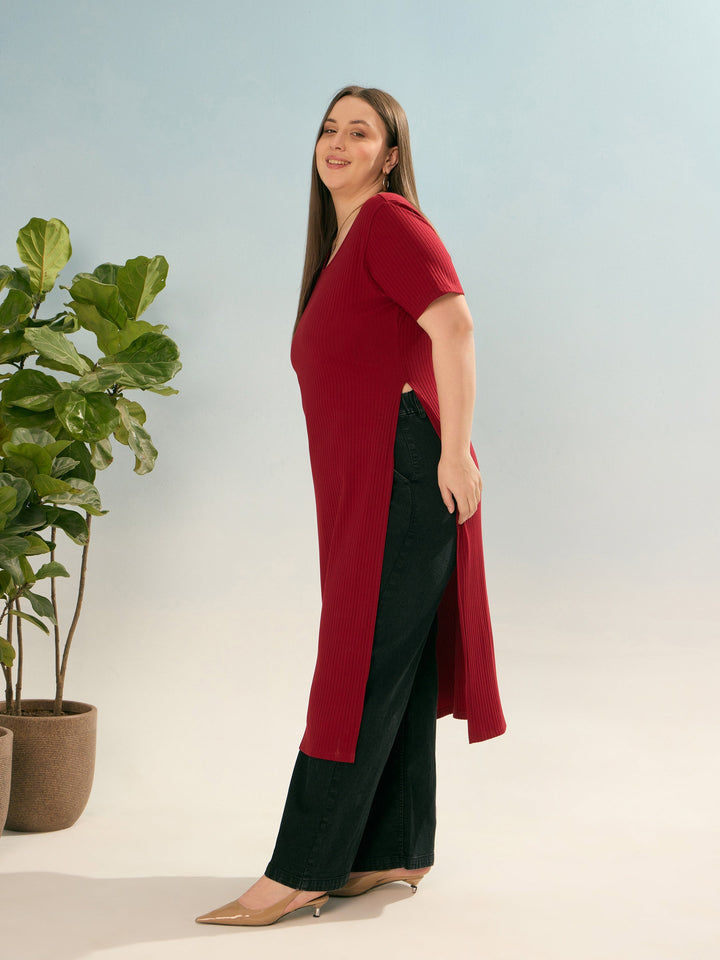Maroon Rib Round Neck Long Line Top -SASSAFRAS Curve