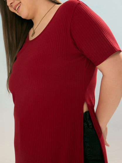 Maroon Rib Round Neck Long Line Top -SASSAFRAS Curve