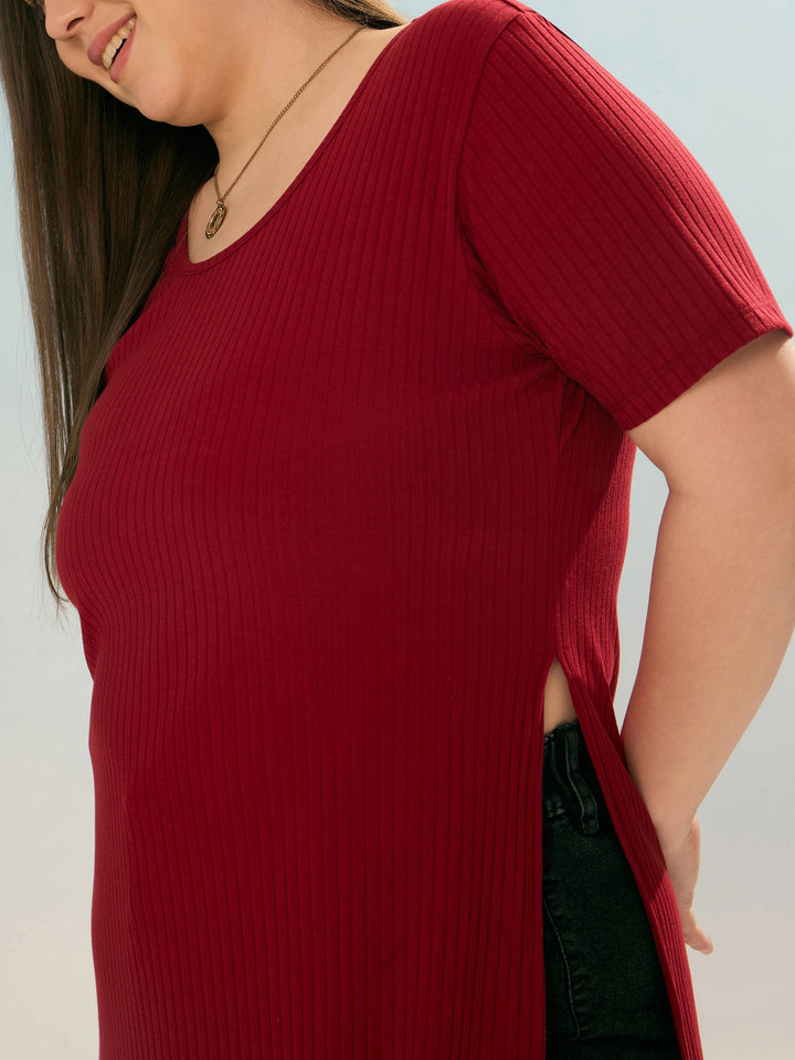 Maroon Rib Round Neck Long Line Top -SASSAFRAS Curve