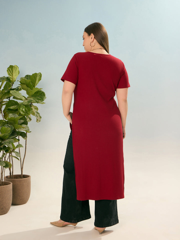 Maroon Rib Round Neck Long Line Top -SASSAFRAS Curve