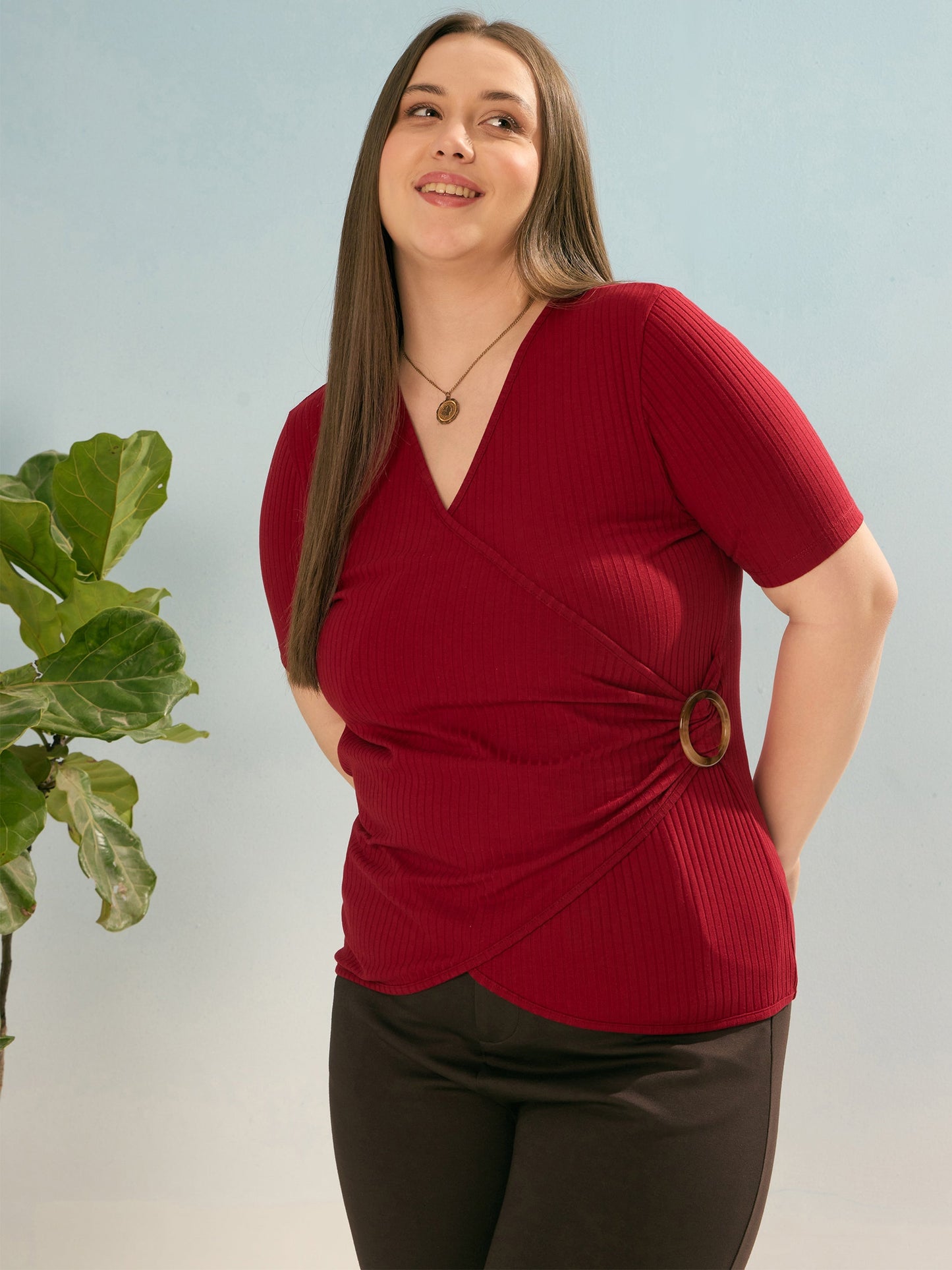 Plus size women's Maroon Polycotton Maroon Rib Side Buckle Detail Top by Sassafras Curve for wholesale buyers, boutiques, resellers and bulk orders
