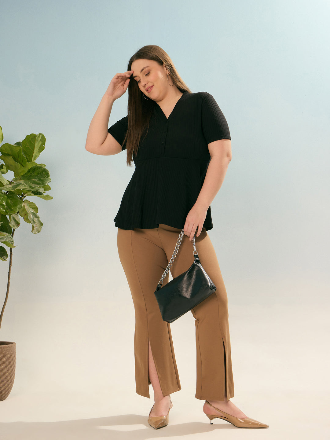Black Rib V Neck Peplum Top-SASSAFRAS Curve