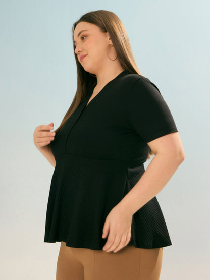 Black Rib V Neck Peplum Top-SASSAFRAS Curve