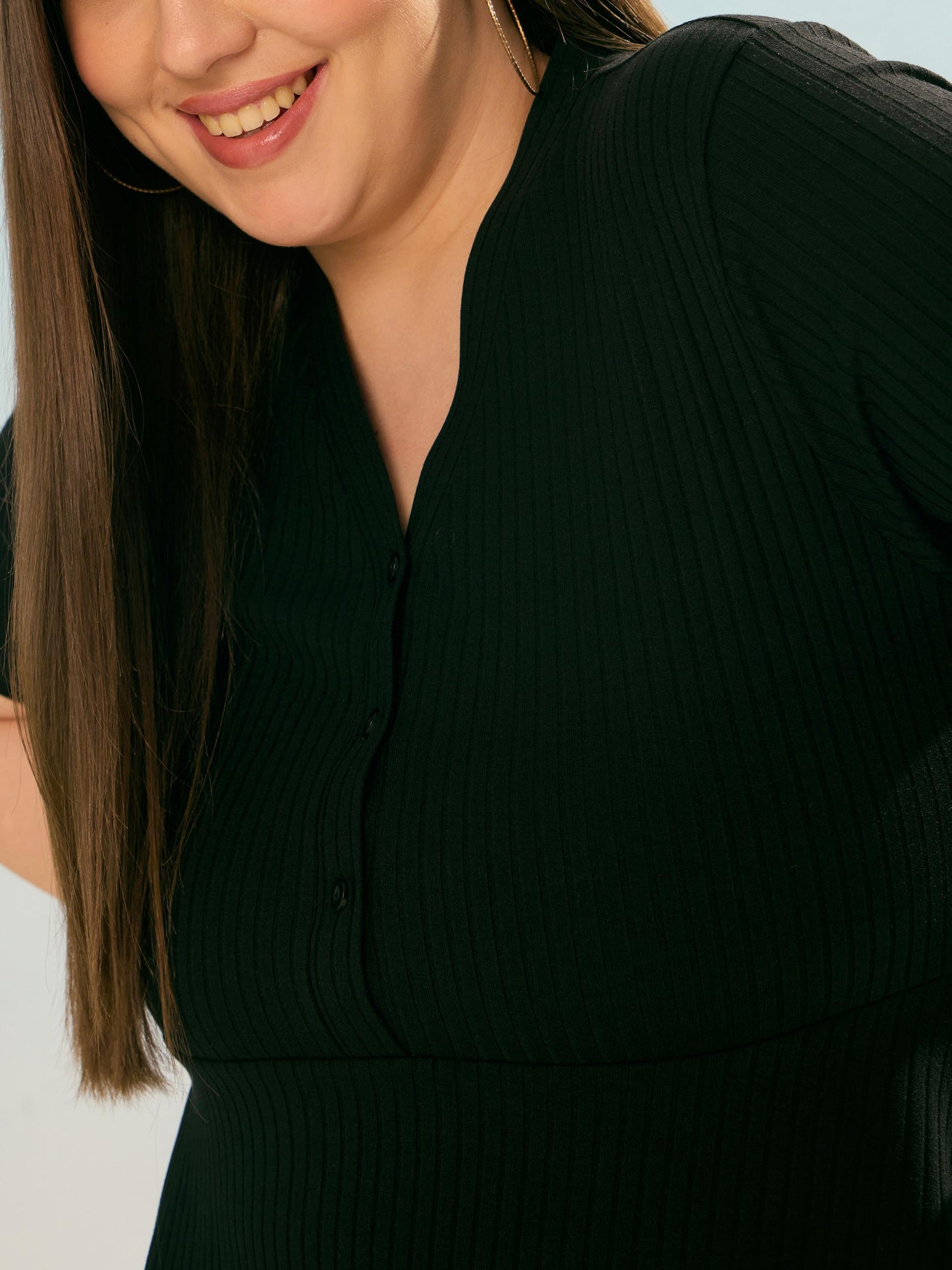 Black Rib V Neck Peplum Top-SASSAFRAS Curve