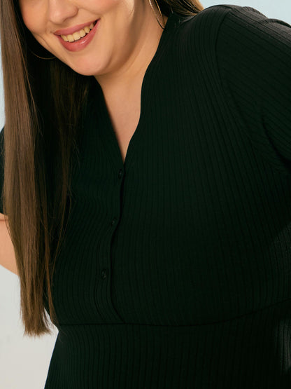 Black Rib V Neck Peplum Top-SASSAFRAS Curve