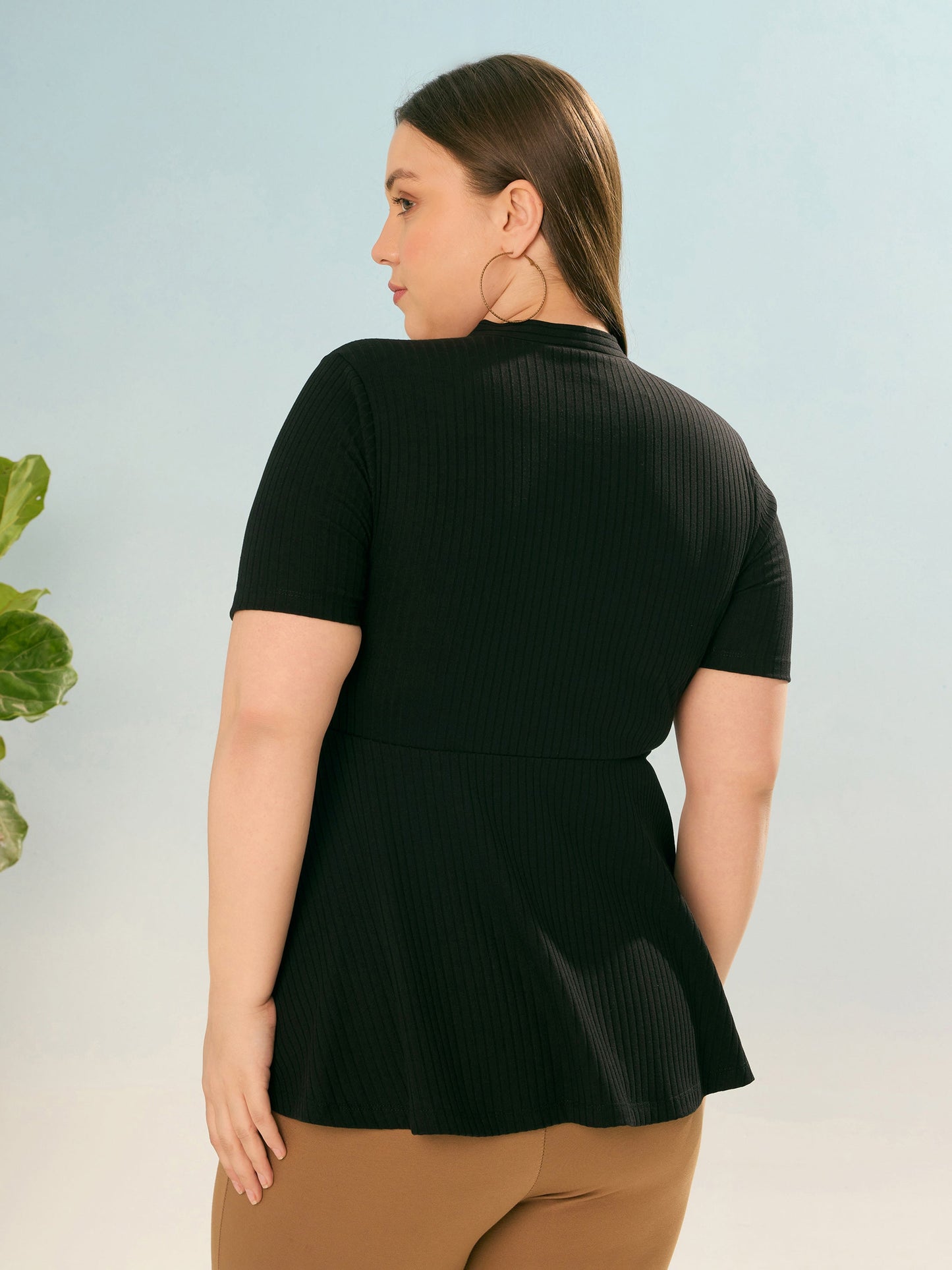 Black Rib V Neck Peplum Top-SASSAFRAS Curve