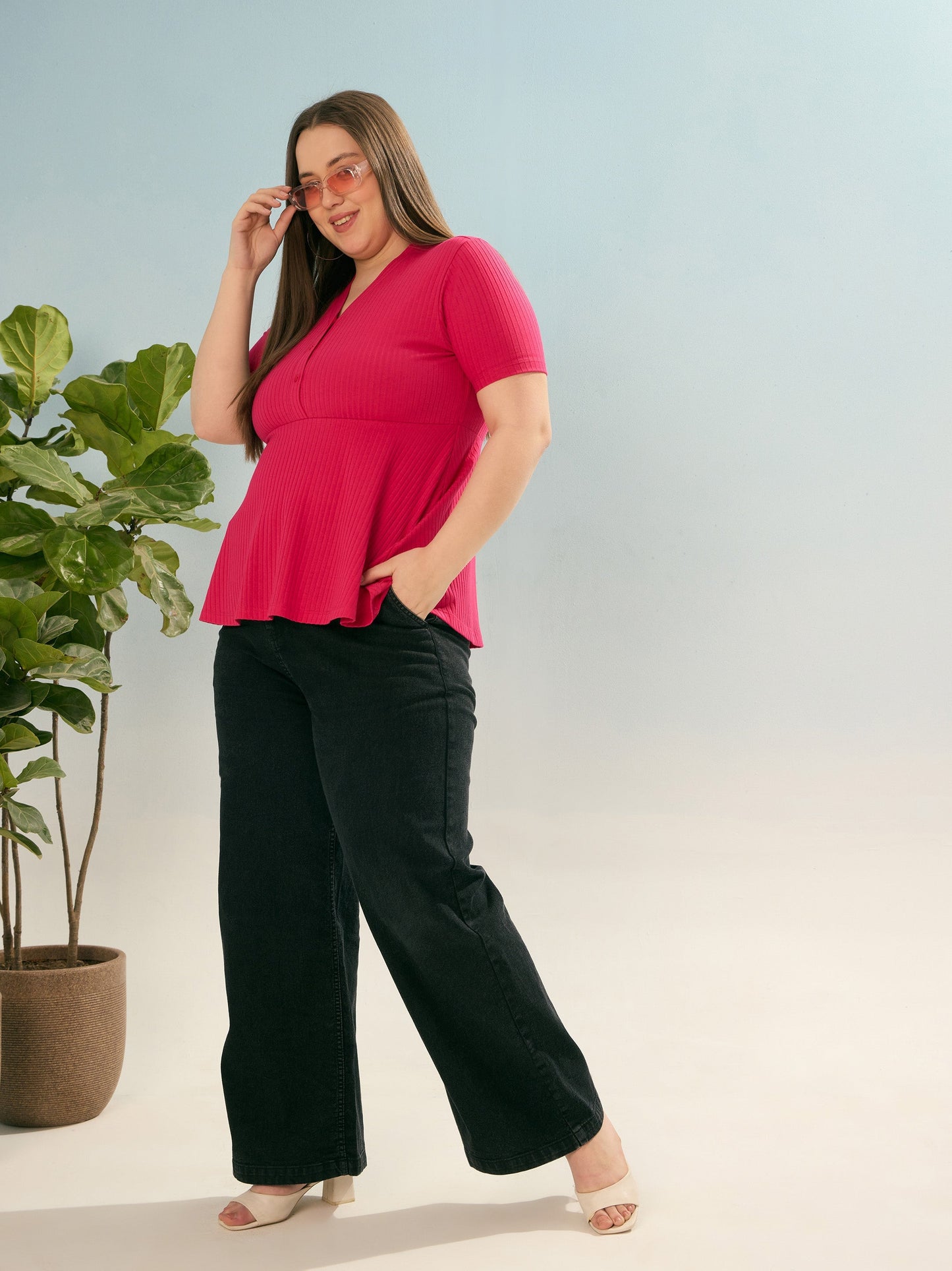 Fuchsia Rib V Neck Peplum Top -SASSAFRAS Curve