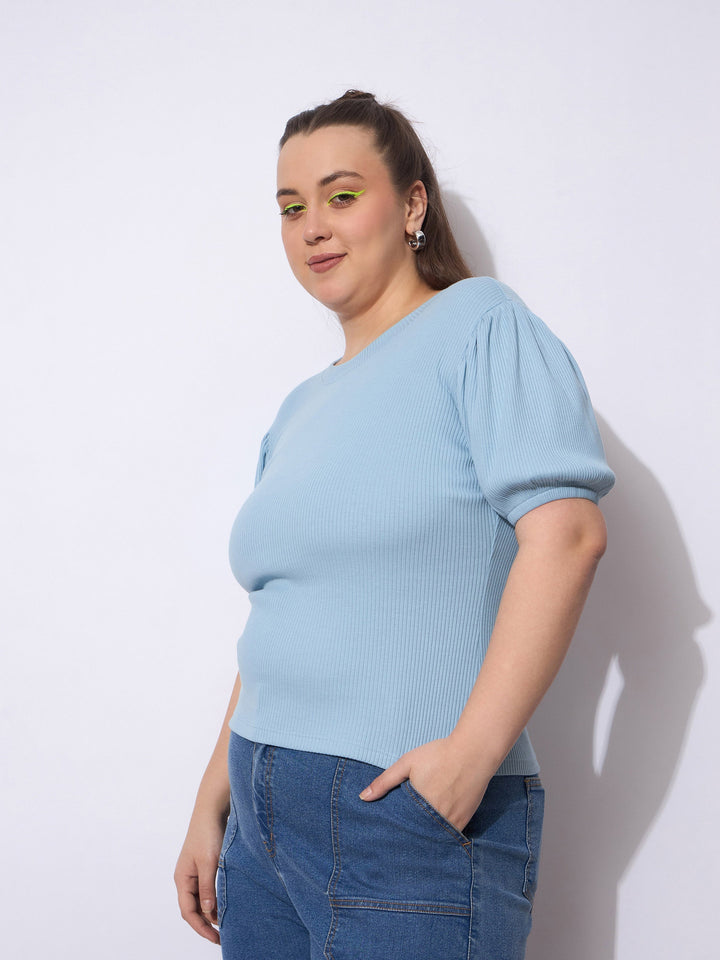 Blue Rib Round Neck Puff Sleeves Top-SASSAFRAS Curve
