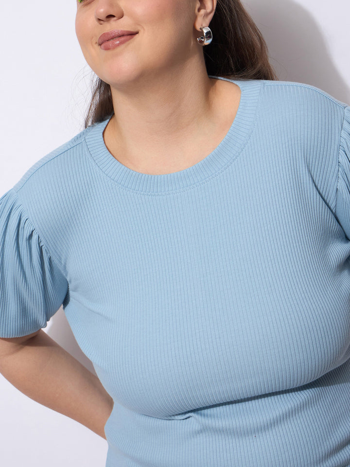 Blue Rib Round Neck Puff Sleeves Top-SASSAFRAS Curve