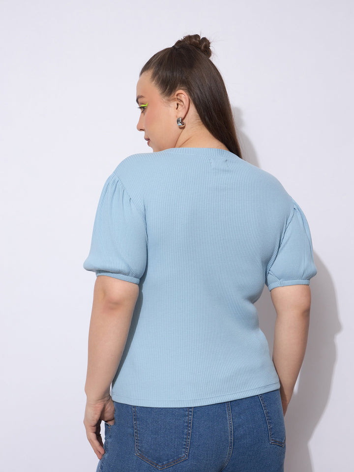 Blue Rib Round Neck Puff Sleeves Top-SASSAFRAS Curve
