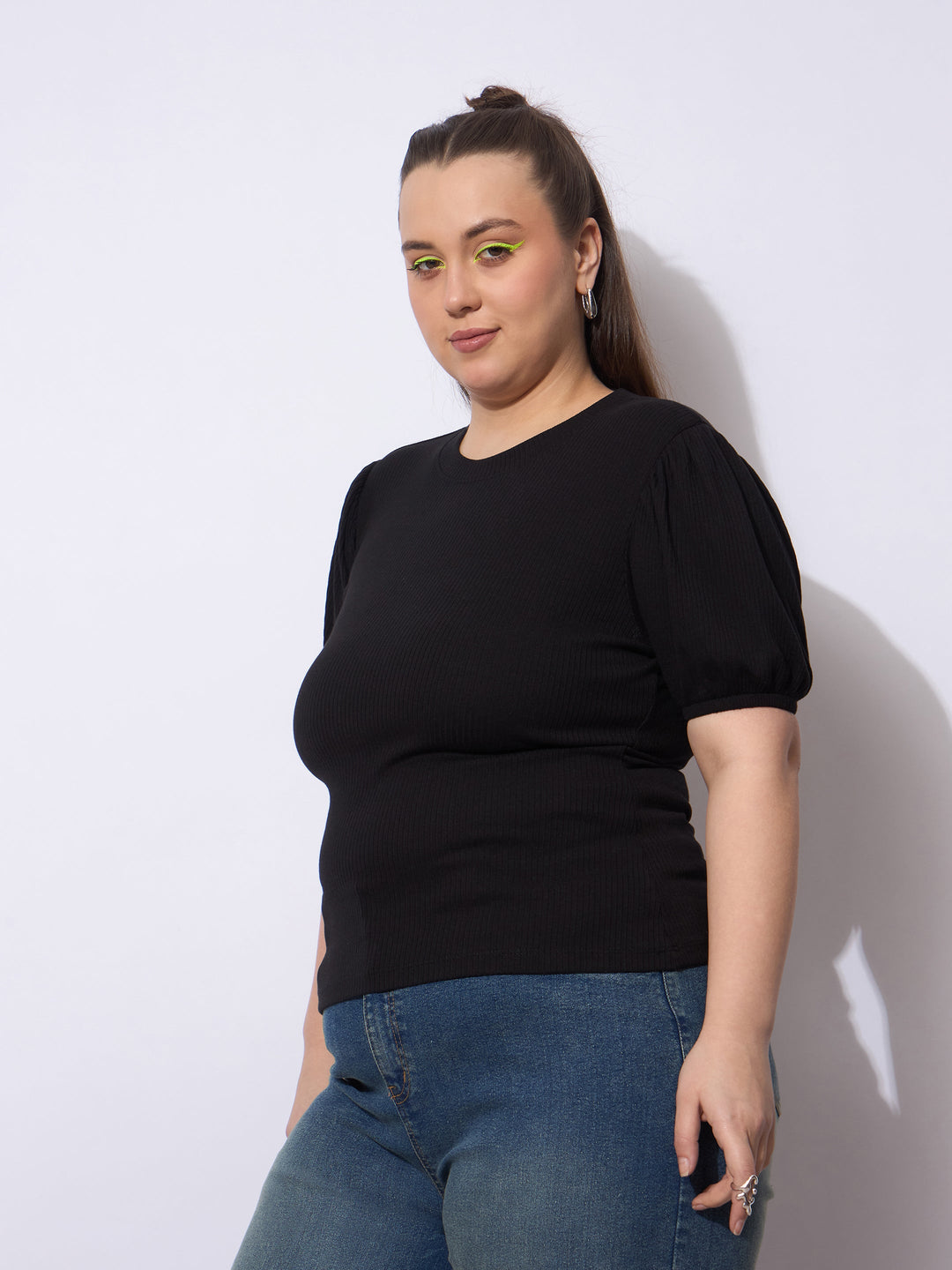 Black Rib Round Neck Puff Sleeves Top -SASSAFRAS Curve