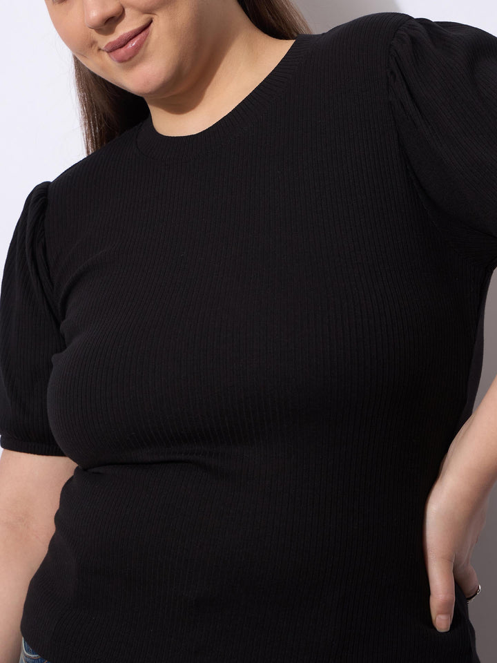 Black Rib Round Neck Puff Sleeves Top -SASSAFRAS Curve