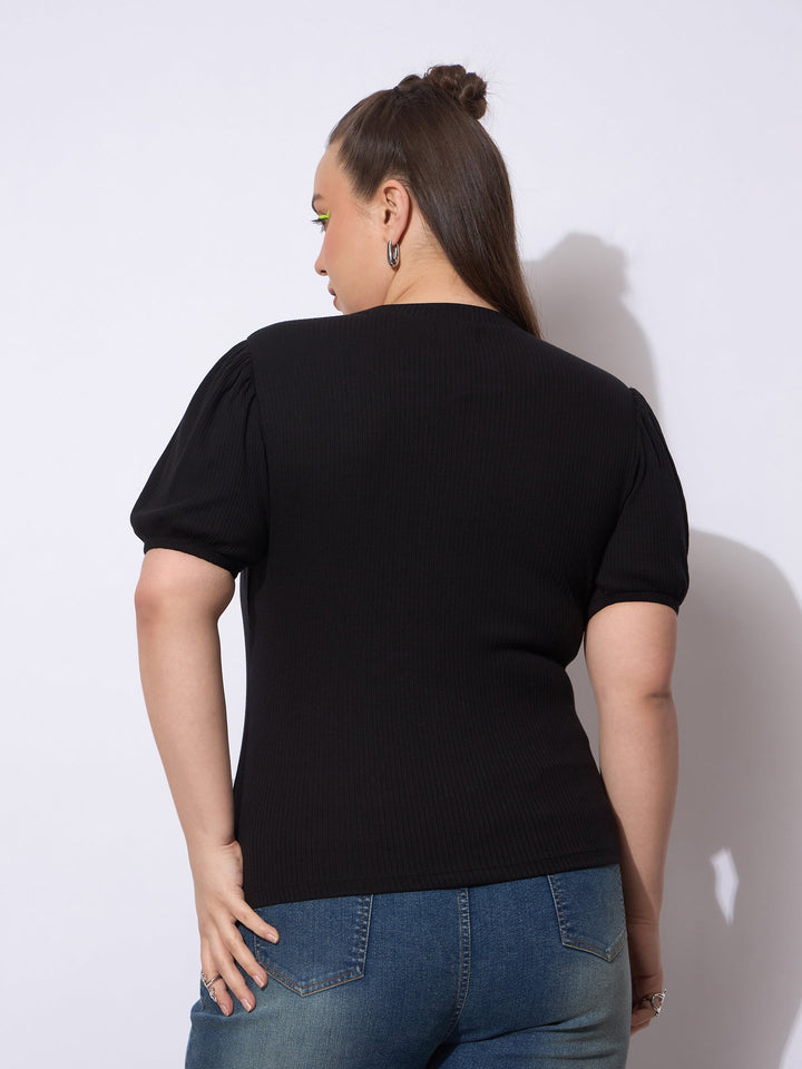 Black Rib Round Neck Puff Sleeves Top -SASSAFRAS Curve