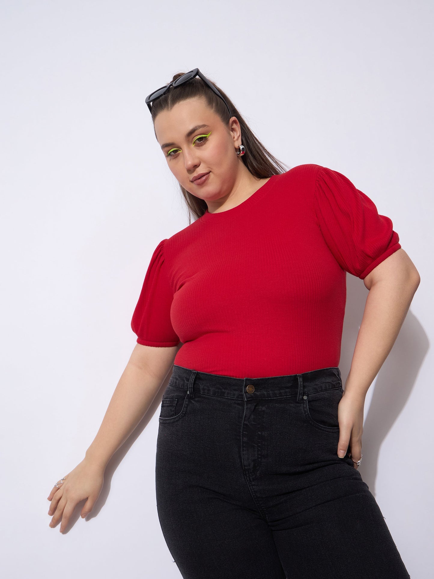 Red Rib Round Neck Puff Sleeves Top