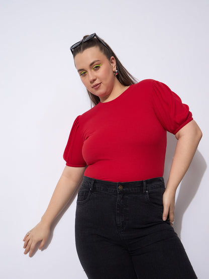 Red Rib Round Neck Puff Sleeves Top