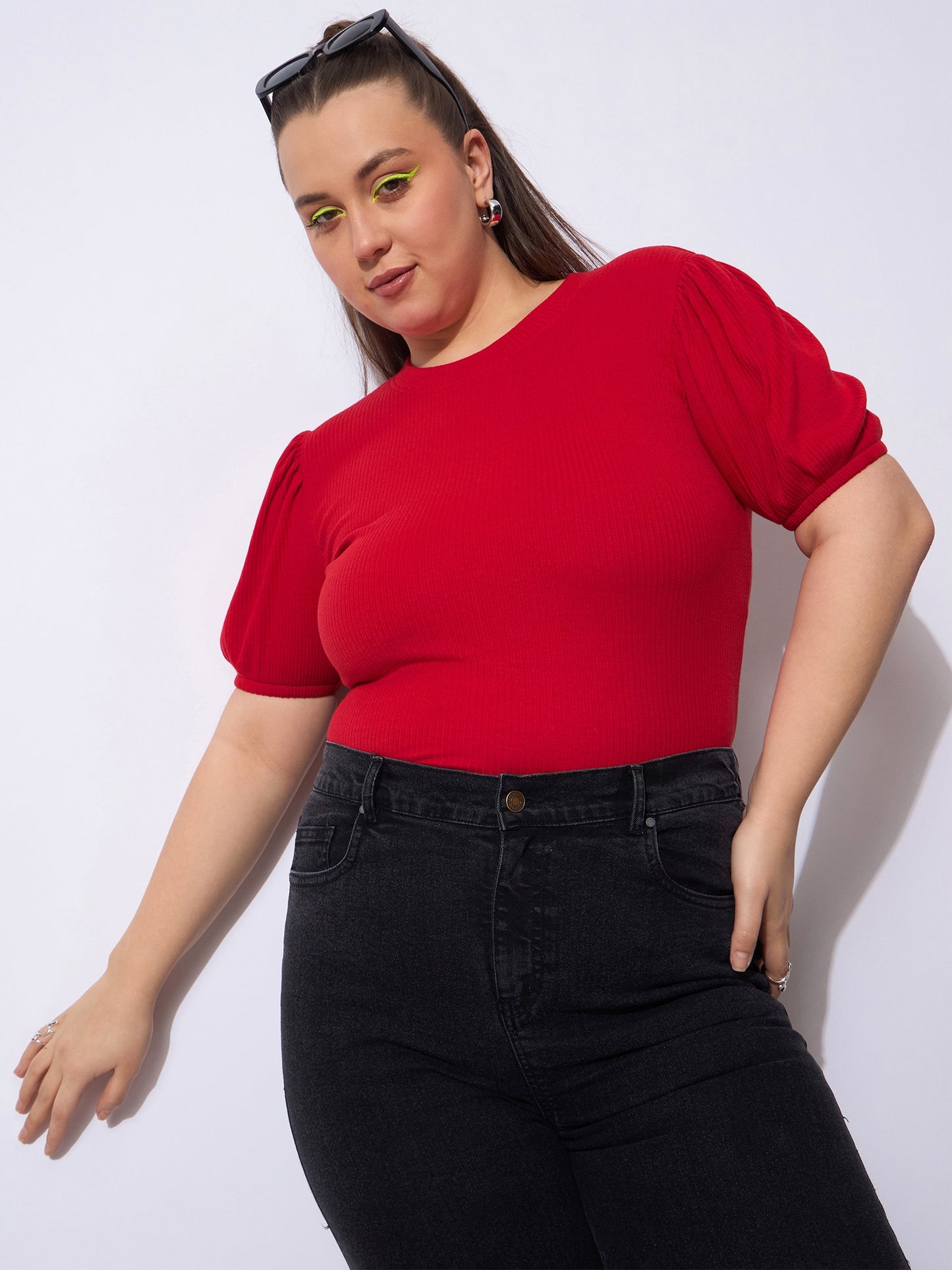 Red Rib Round Neck Puff Sleeves Top