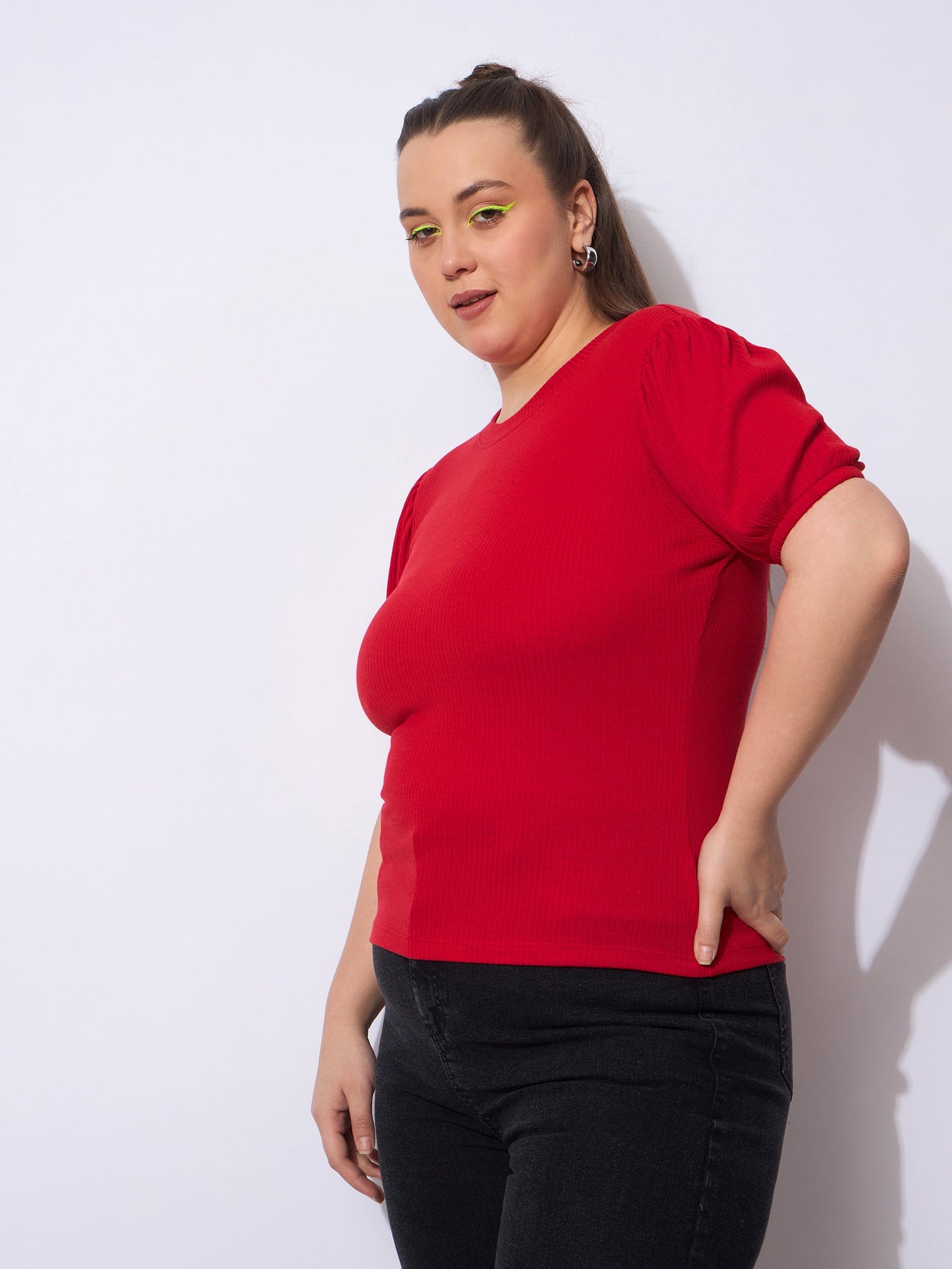 Red Rib Round Neck Puff Sleeves Top