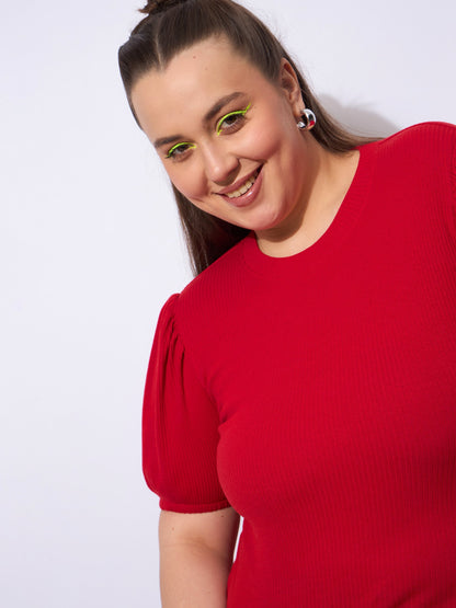 Red Rib Round Neck Puff Sleeves Top