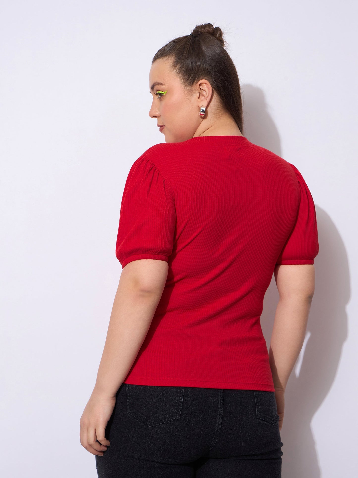 Red Rib Round Neck Puff Sleeves Top