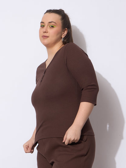Dark Brown Rib V-Neck Short Sleeves Top