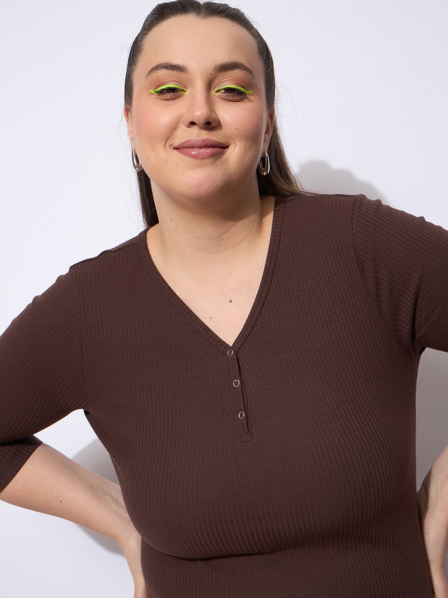 Dark Brown Rib V-Neck Short Sleeves Top