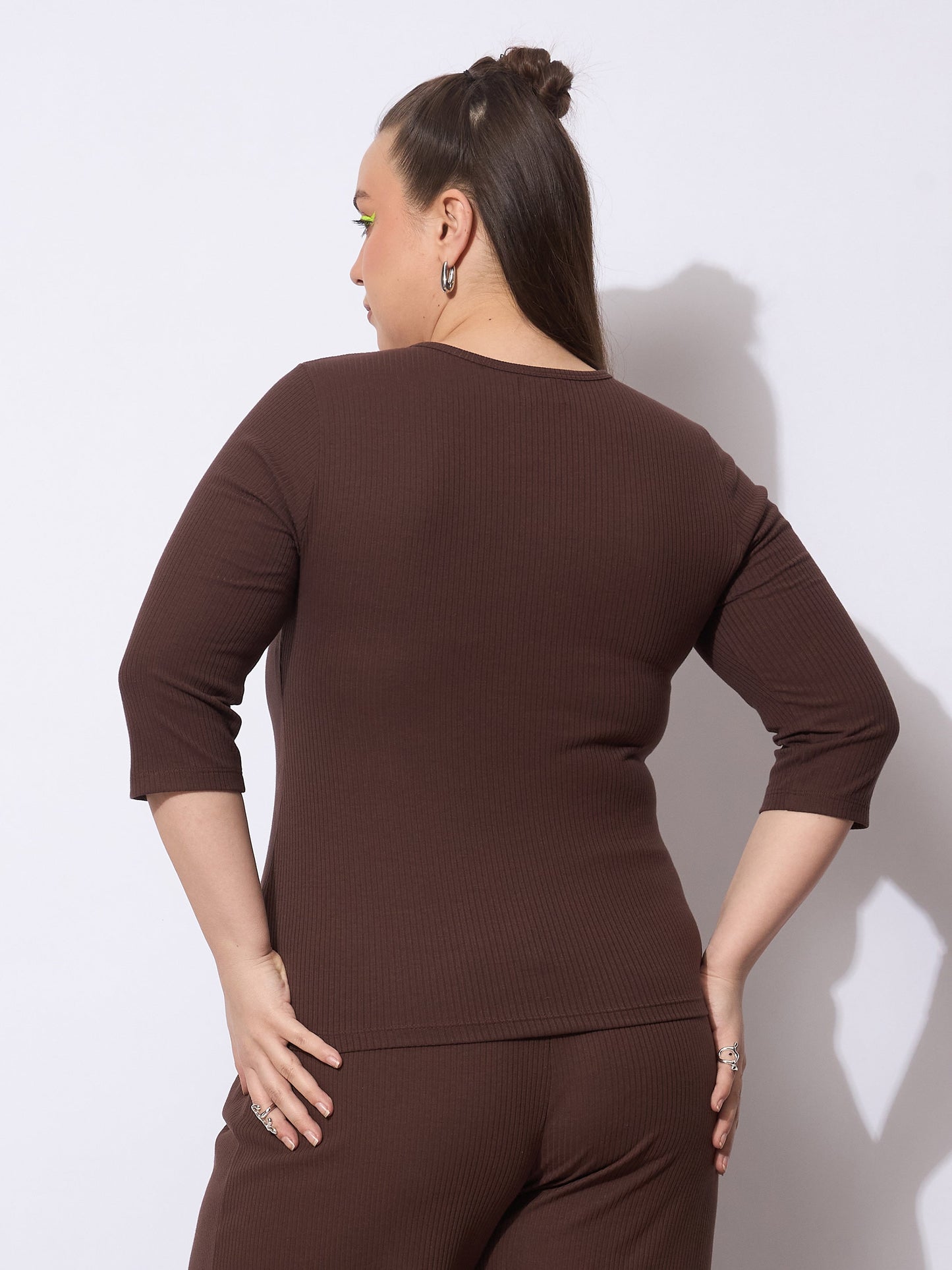 Dark Brown Rib V-Neck Short Sleeves Top