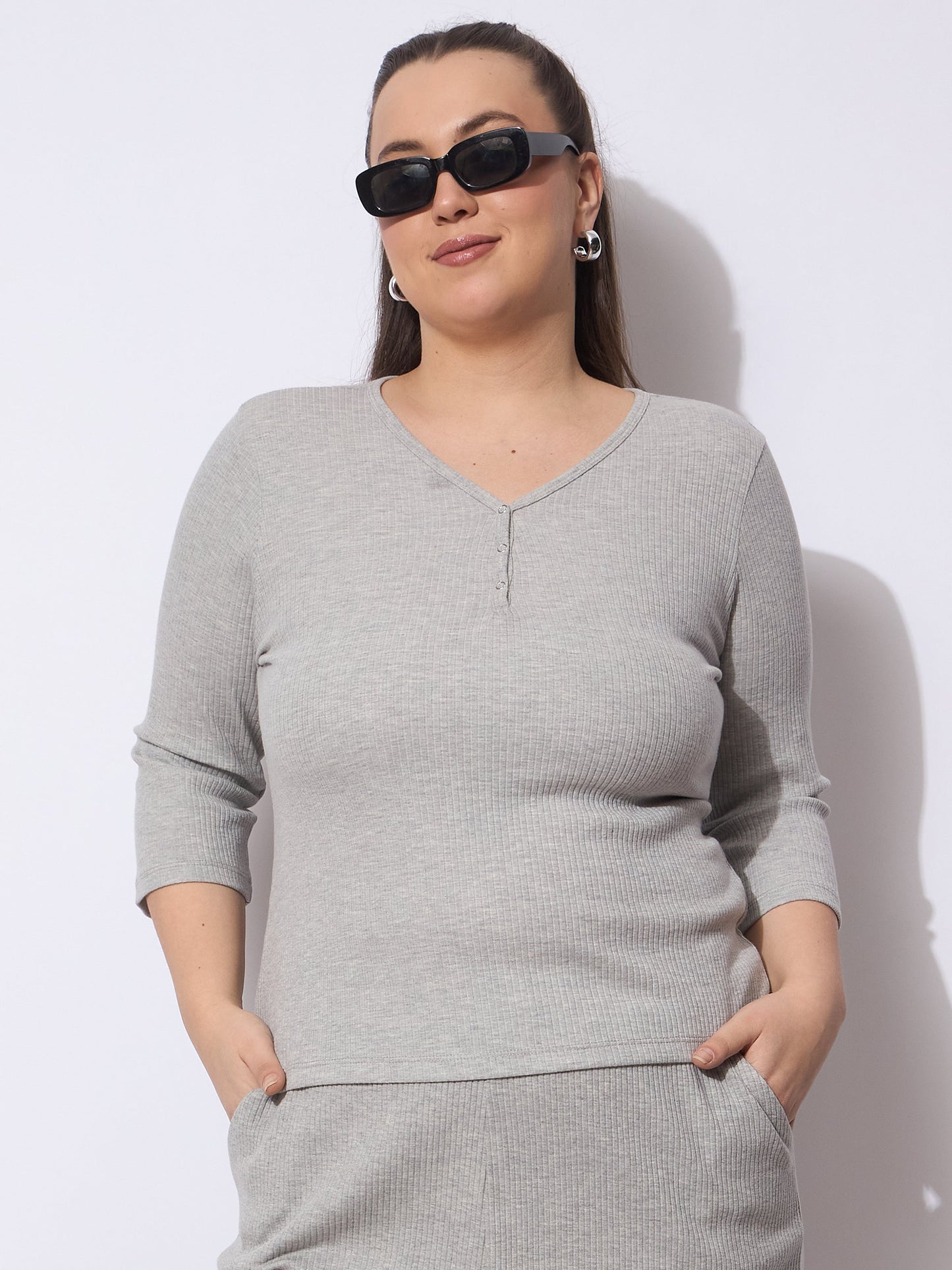 Grey Rib V-Neck Short Sleeves Top