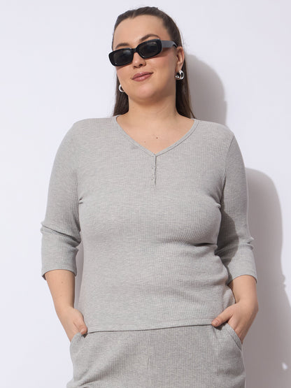 Grey Rib V-Neck Short Sleeves Top