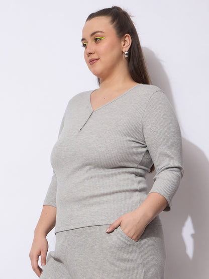 Grey Rib V-Neck Short Sleeves Top
