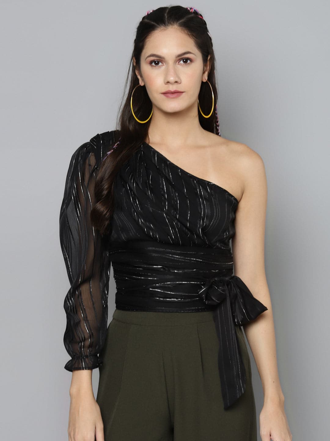 Women's Black One Shoulder Top in Polyester by Sassafras for wholesale, bulk, supplier, manufacturer and wholesaler buyers from Trendphoria