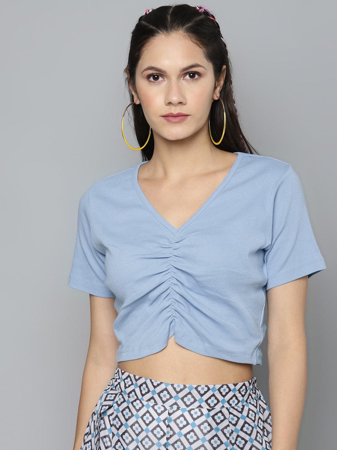 Women's Blue Gather Detail Crop Top in Cotton by Sassafras for wholesale, bulk, supplier, manufacturer and wholesaler buyers from Trendphoria