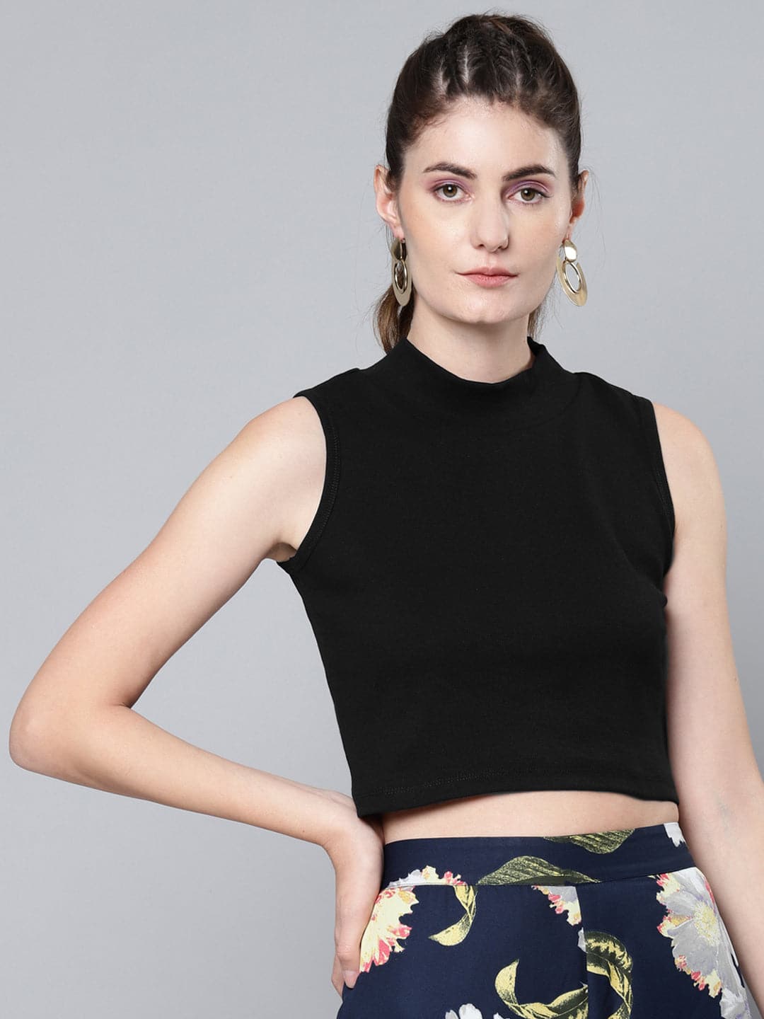 Women's Black High Neck Sleeveless Rib Crop Top in Cotton by Sassafras for wholesale, bulk, supplier, manufacturer and wholesaler buyers from Trendphoria