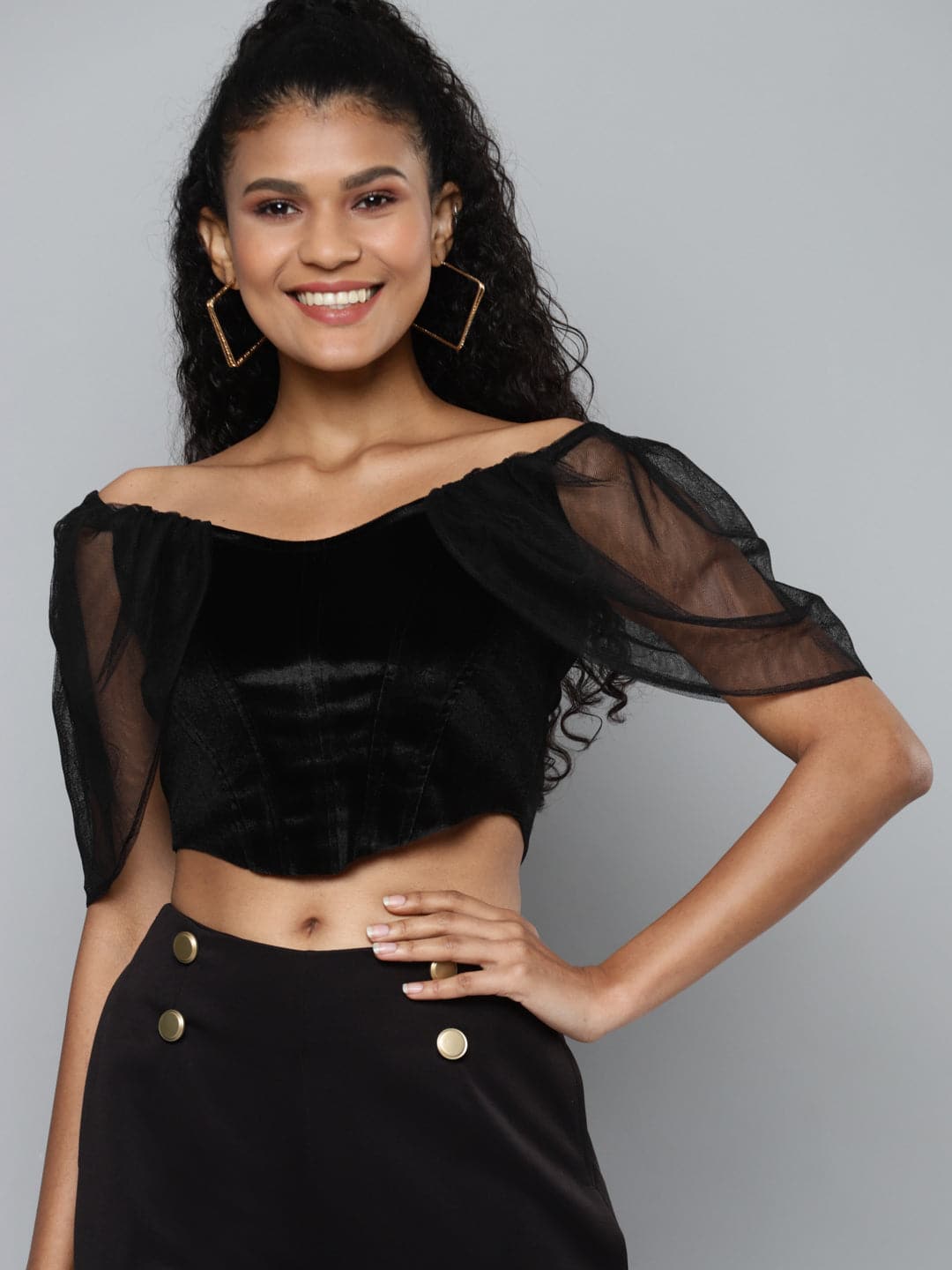 Women's Black Velvet Bardot Blouse in Velvet by Sassafras for wholesale, bulk, supplier, manufacturer and wholesaler buyers from Trendphoria
