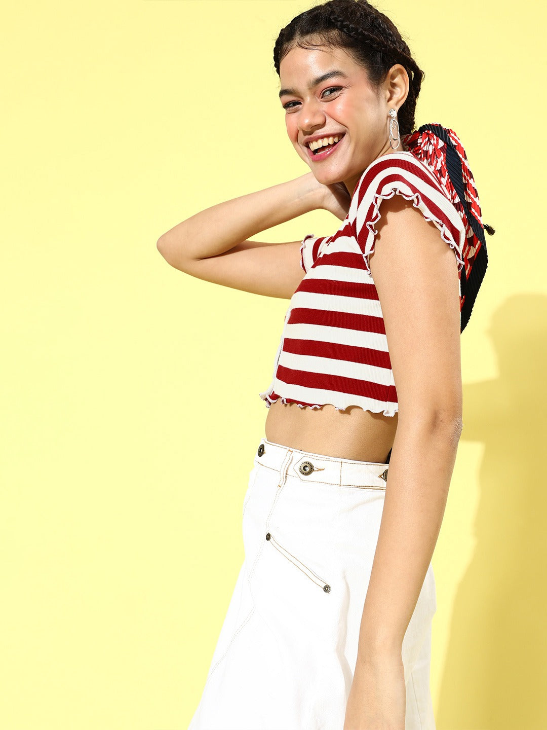 Red &amp; White Stripe V-Neck Rib Crop Top