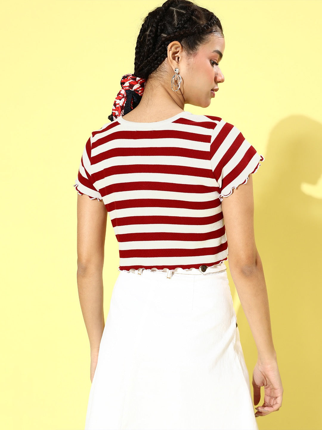 Red &amp; White Stripe V-Neck Rib Crop Top