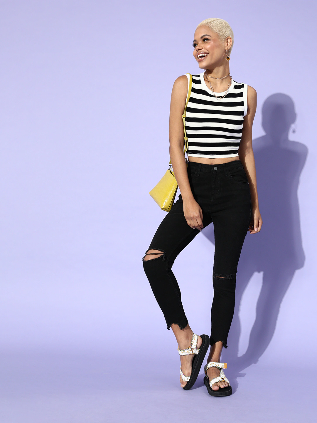 Black &amp; White Stripe Sleeveless Rib Crop Top