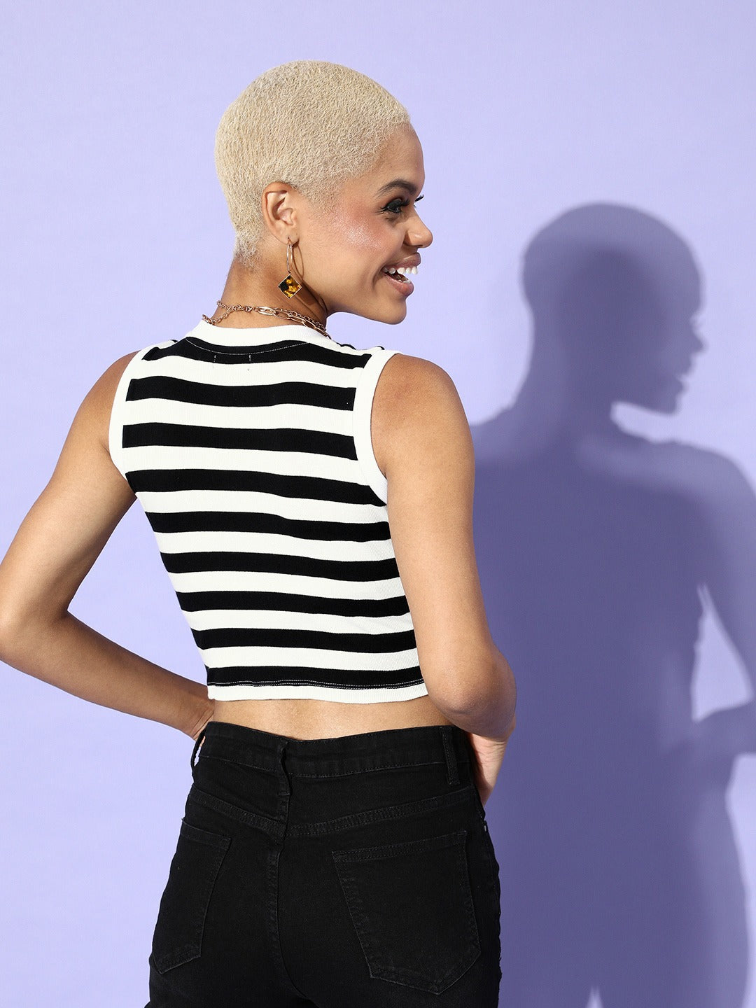 Black &amp; White Stripe Sleeveless Rib Crop Top