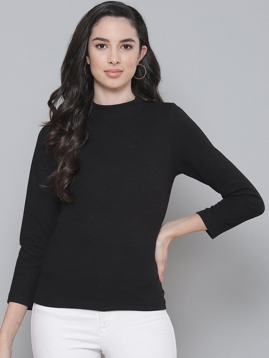 Women's Black Rib Side Slits Turtle Neck Long Top in Cotton by Sassafras for wholesale, bulk, supplier, manufacturer and wholesaler buyers from Trendphoria