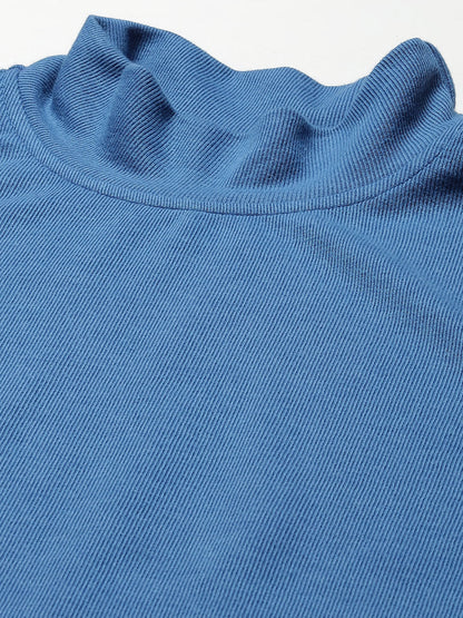 Blue Rib Side Slits Turtle Neck Long Top