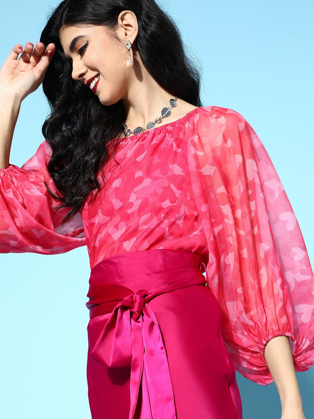 Women's Pink Heart Organza Bardot Flounce Sleeve Top in Polyester by Sassafras for wholesale, bulk, supplier, manufacturer and wholesaler buyers from Trendphoria
