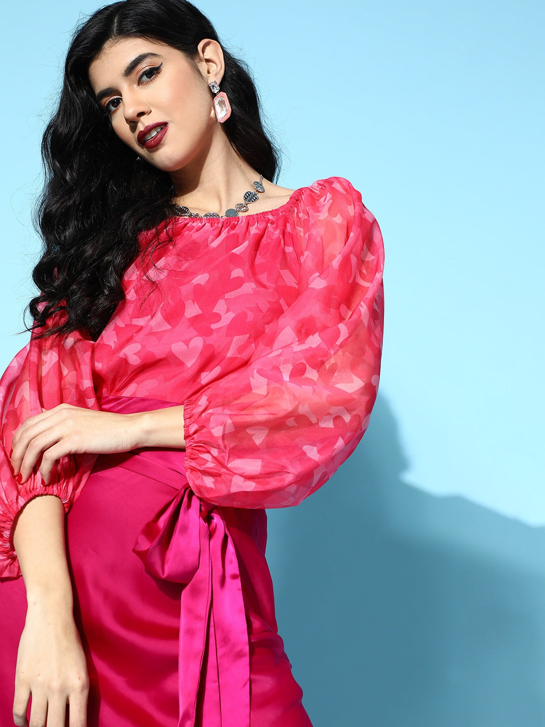 Pink Heart Organza Bardot Flounce Sleeve Top