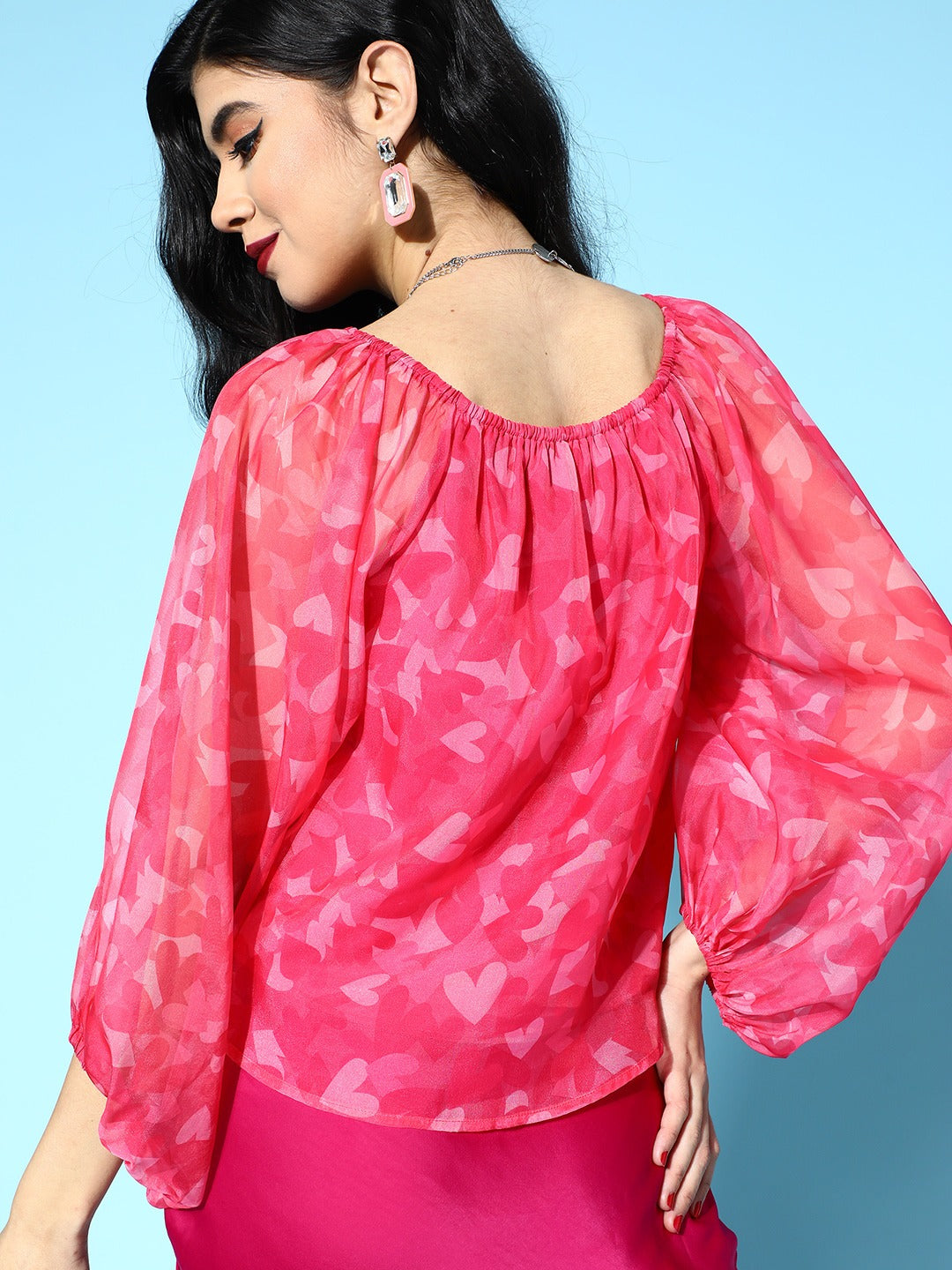 Pink Heart Organza Bardot Flounce Sleeve Top