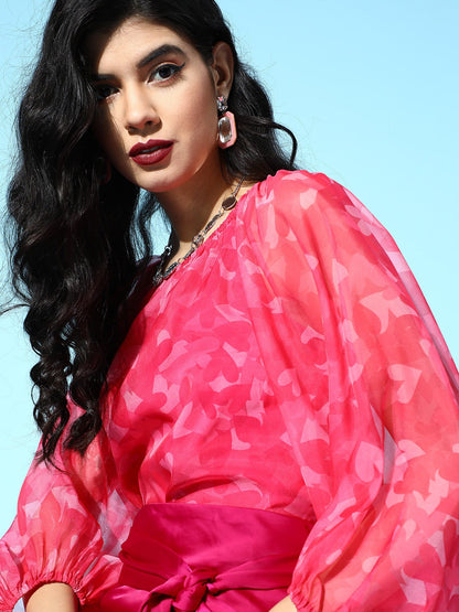 Pink Heart Organza Bardot Flounce Sleeve Top