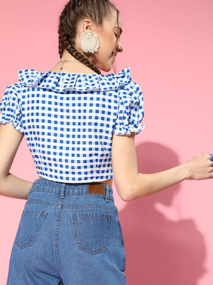 Women Blue Gingham Check Layered Crop Top