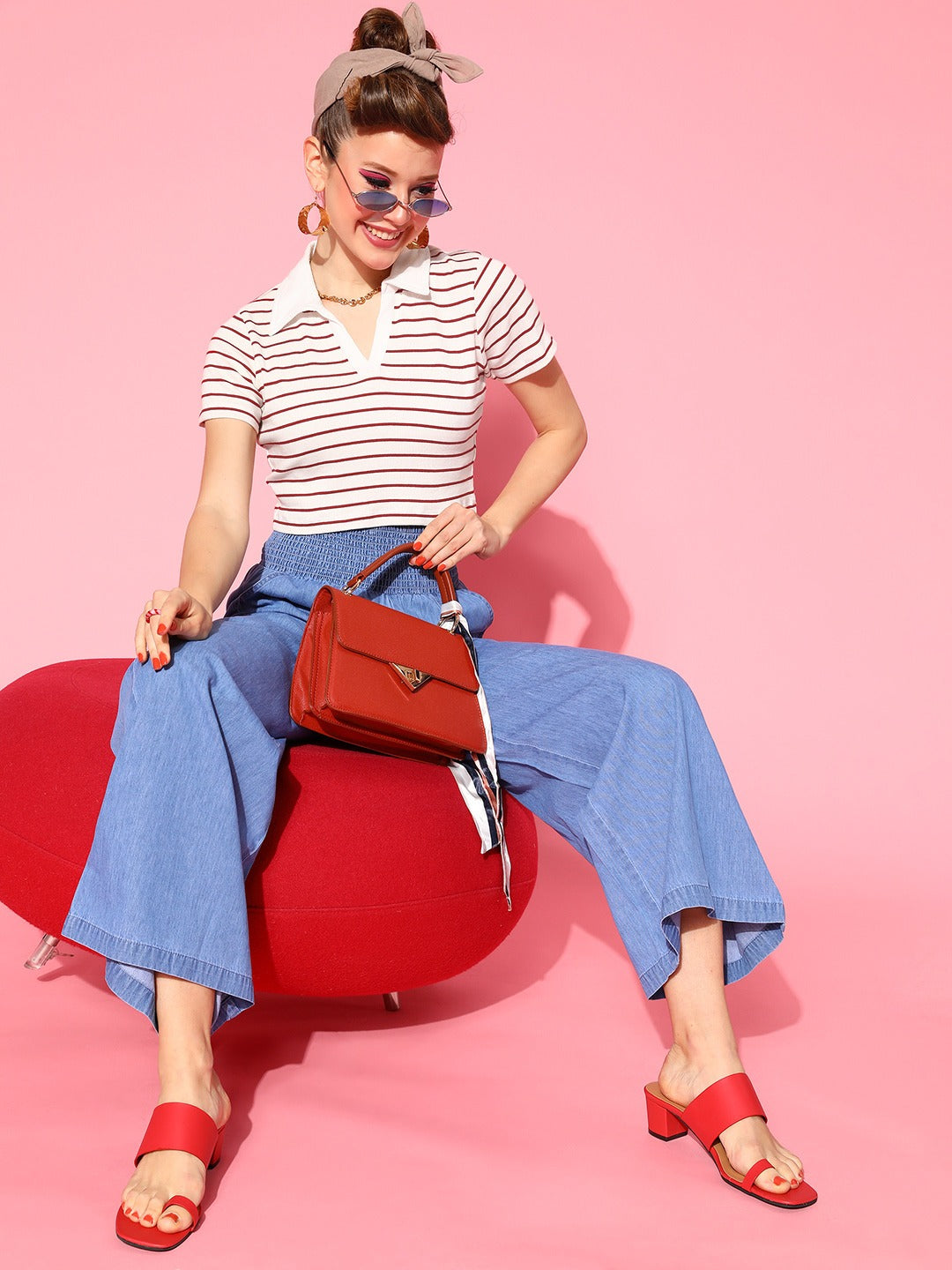 Women Red &amp; White Striped Crop Polo T-Shirt