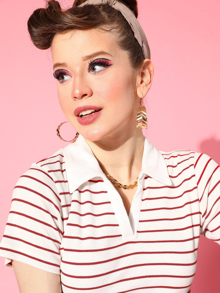 Women Red &amp; White Striped Crop Polo T-Shirt