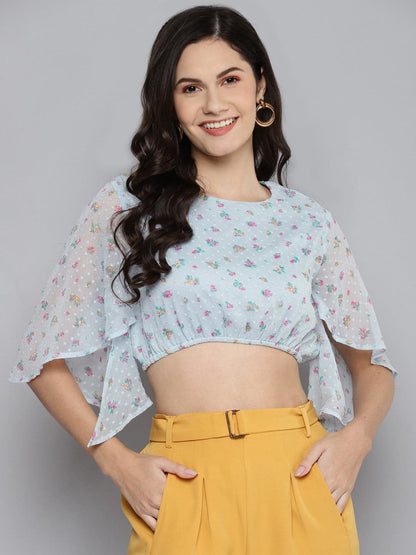 Blue Dobby Floral Butterfly Sleeve Crop Top